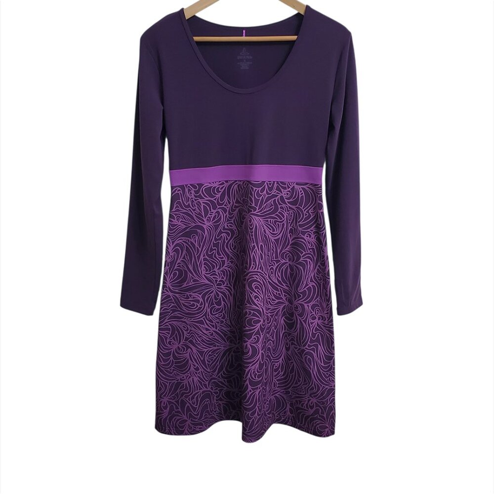 PRANA Breathe Kaley Midi Dress Small Long Sleeve Empire Waist Purple Pocket